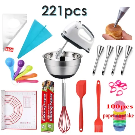 221-Piece Comprehensive Baking and Cake Decorating Tool Kit: Including Tips, Mats, Fondant Tools, Electric Whisk, Baking Papers, and Foils