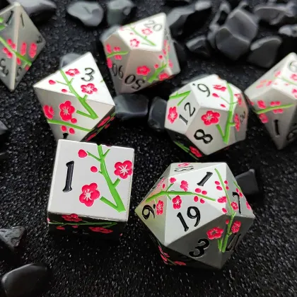 Plum Flower Metal Dice Set - Heavy Solid Metallic DND Dice