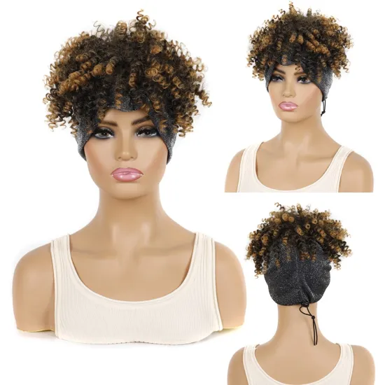 Hot Selling  Ombre Kinky Curly Turban Fluffy Afro Wig Short Headband wig Synthetic Wig With Headband Attached For Black Women