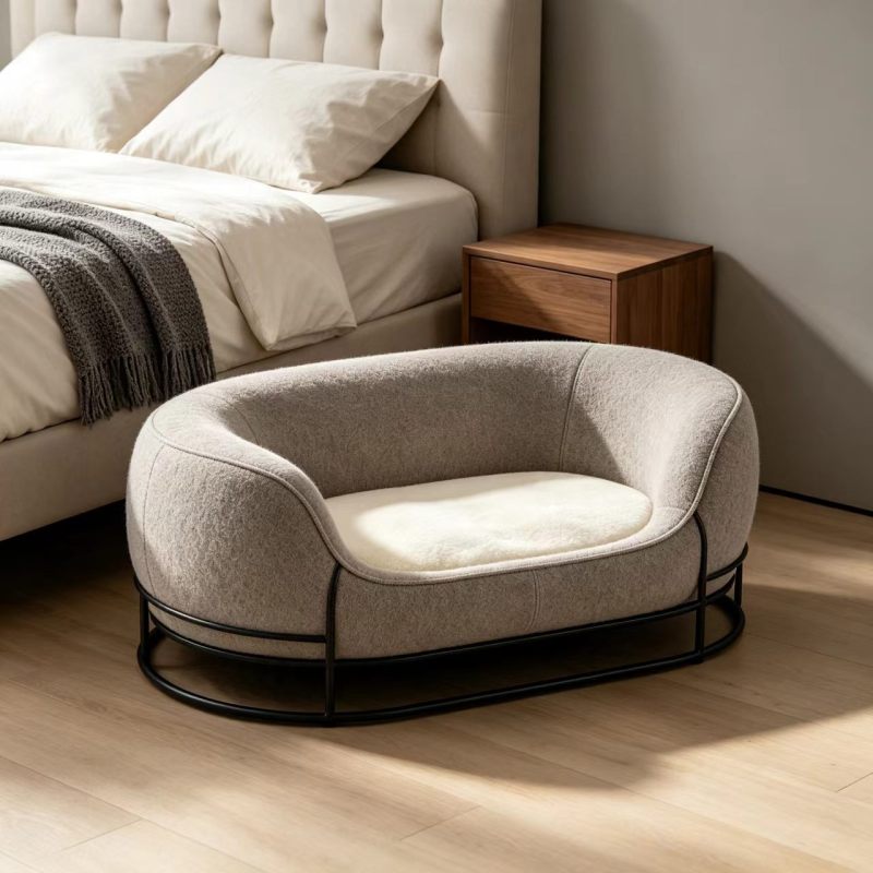 Premium Oval Dog Bed | Minimalist Luxury Pet Sofa | Soft Wool-Like Fabric | Light Gray with Ivory Lining | Matte Black Metal Tri