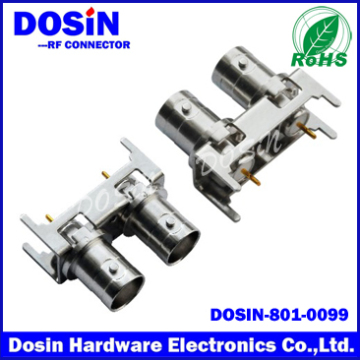 180 Degree Nickel Plated Dual Female BNC Connector for PCB Appliance