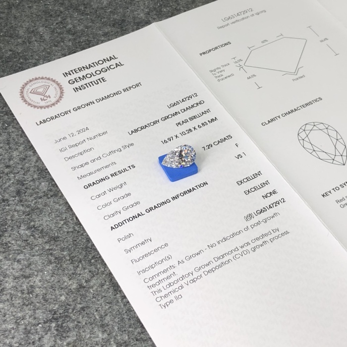 เพชร CVD Pear Cut 7.29CT F VS1 ขัดเงาดีเยี่ยม