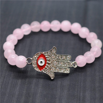 Rose Quartz 8MM Round Beads Stretch Gemstone Bracelet with Diamante Evil eye Piece