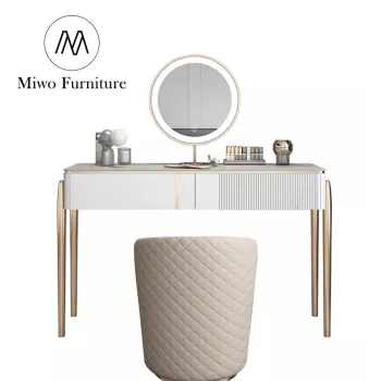 Modern LED Mirrored Dresser Table and Chair Set with Storage for Bedroom