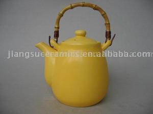 bright yellow ceramic bamboo handle heat resistant tea pot