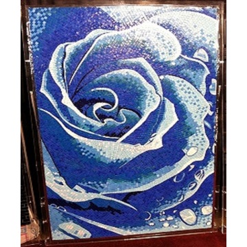 ダークブルー ガラス モザイク タイル 花柄壁画
