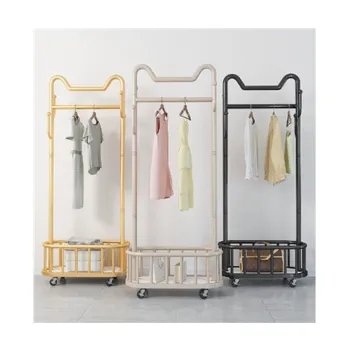Metal Floor Standing Movable Coat Rack with Wheels for Living Room Organization