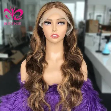 REINE Design Honey Blonde Highlight Wigs,Color 4/27 Highlight Lace Frontal Human Hair Full Lace Frontal Wigs,Brown Highlight Wig