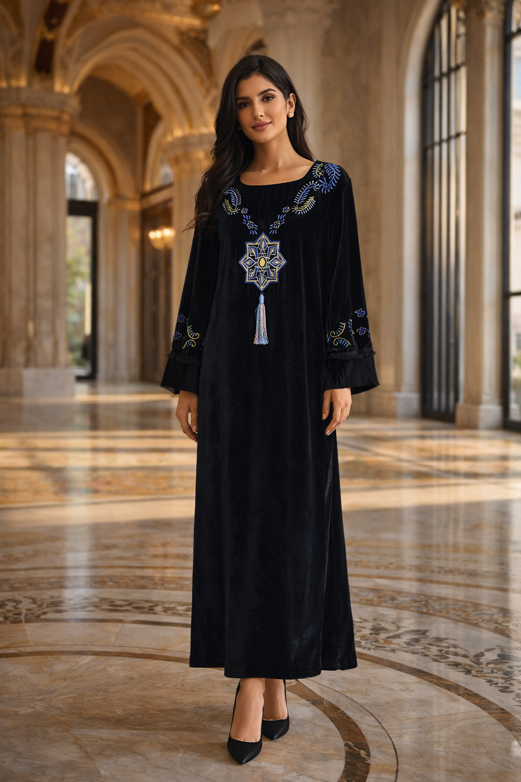 Velvet Embroidered Abaya Front View