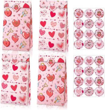 Süßer Herz Valentinstag Goodie -Taschen mit Aufklebern - 12 Pack Pink Party Gefälligkeiten