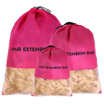AliLeader New Design Custom Logo Hair Extension Storage Bag Non Woven Drawstring Wig Bag With PVC Window