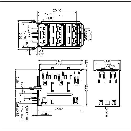 UAFR06-XBXXXX USB A Type Receptacle Triple Stack Angle DIP13.14mm