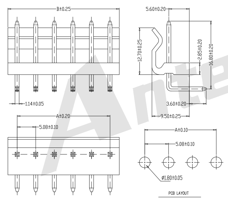 AW5080RB-XP 5,08 mm Connettore di wafer a 90 ° riga singola