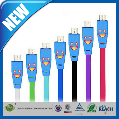 C&T Wholesale Accessories Smile Face Sync Flat Cord Charger LED Light Cable Micro USB