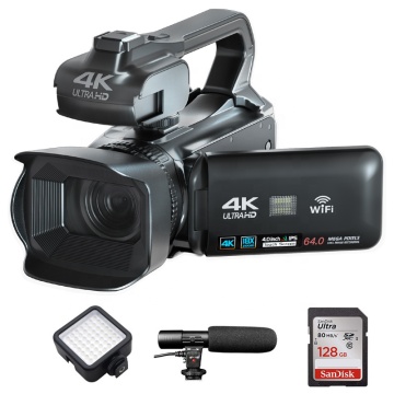 4K Camcorder with 1080P HD 18X Zoom, 128G SD Card, Microphone & LED Light for YouTube