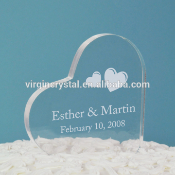 Hot sale high glass crystal heart shape wedding cake topper with custom logo