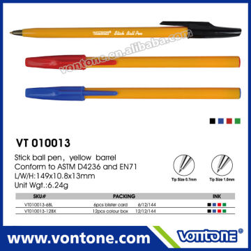Hot sale cheap yellow barrel plastic stick pen bic style ball pen for promotion