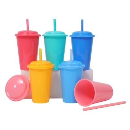 Color Changing Straw Cup - Magic Mug 16 oz Plastic Cup with Lid