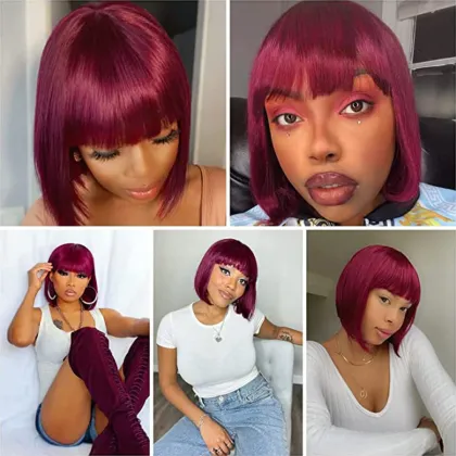 Remy Full Machine Made Glueless Bob 99J Red Bob Wig with Bangs - Straight Hair Bob Wigs