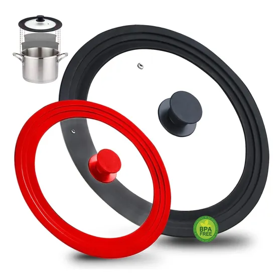 Universal Pan Lid: Glass Pot Lid with Silicone Cover in Multi-Size, Black, White, and Red - Food Safe and Multifunctional