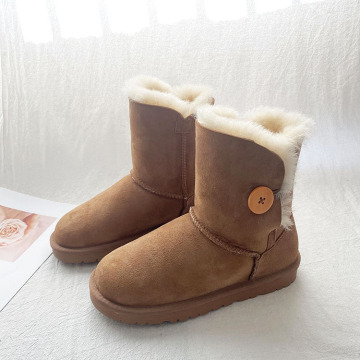 Custom Wholesale Genuine Leather Sheepskin Wool Women's Winter Snow Boots with Buttons