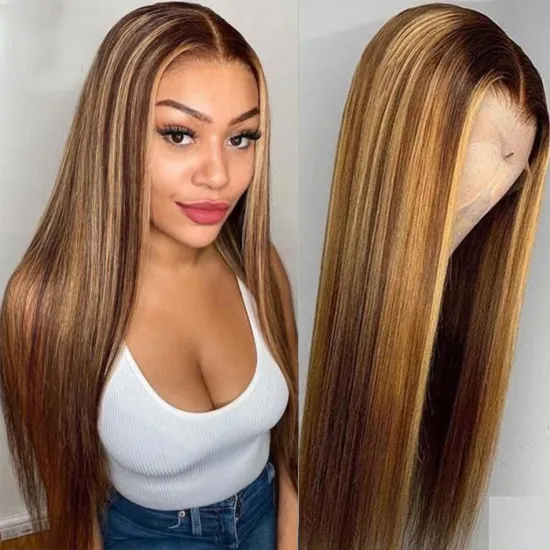 Longer Highlight Color Brazilian Remy Human Hair Straight Wigs with Baby Hair 13x4 Lace Front Blonde Piano Color Curly Wig