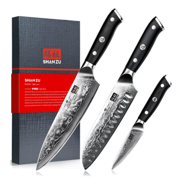 SHAN ZU PRO Series 3-Piece Damascus Knife Set: Japanese Super Steel with G10 Handle and Gift Box