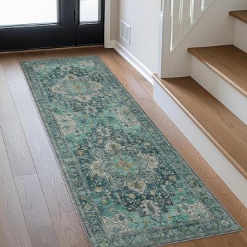 Dark Green Machine Washable 2x6ft Runner Rugs - Vintage Retro Style, Low Pile, Wear Resistant & Soft Print