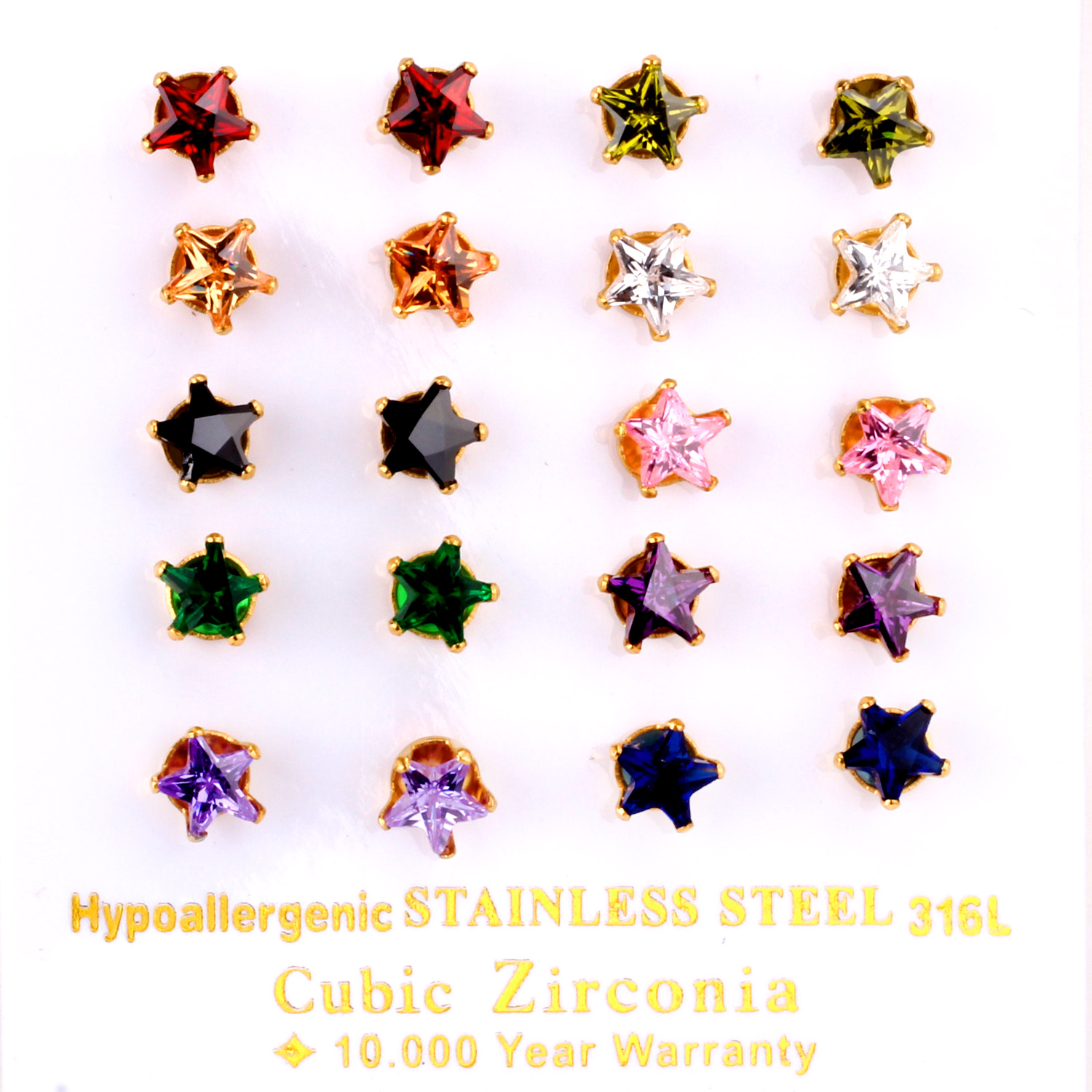 LUXUKISSKIDS 10Pairs/Pack Five-Stars Cubic Zirconia CZ Earring Mix Color Stud Earrings For Women Jewelry