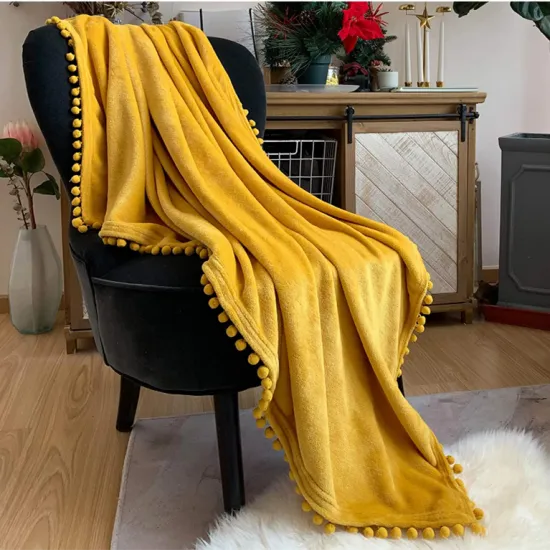 Flannel with Pompom Fringe Lightweight Cozy Bed soild Blanket Soft Throw Blanket fit Couch Sofa Suitable for All Season