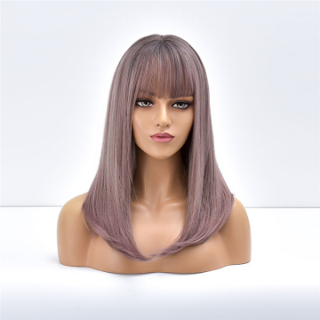 New Arrival High Quality 18 Inches Straight Black Mixed Pink-brown Synthetic Wig With Bangs for Women