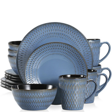 OEM Glaze Crockery 16pcs مجموعات أدوات المائدة الخزفية الأزرق