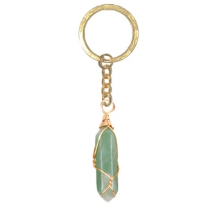 Green Aventurine Hexagonal Pointed( 8x32mm) Pendant Wrapped Gold Wire Keychain