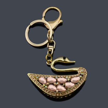 Clear water pink swan design rhinestone decorated keychain, OEM/ODM/small orders are welcome
