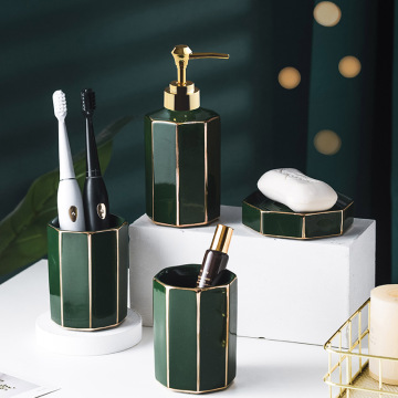 Premium Luxury Green Gold Line Ceramic 4 Piece Bathroom Accessory Set