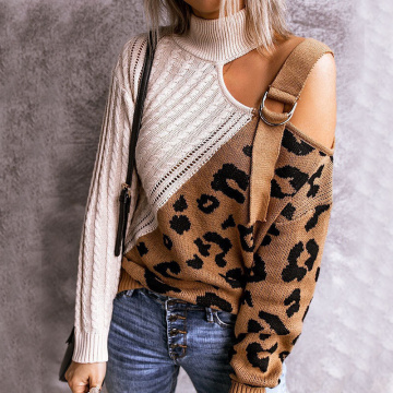 Women Leopard Patchwork Cold Shoulder Sweater