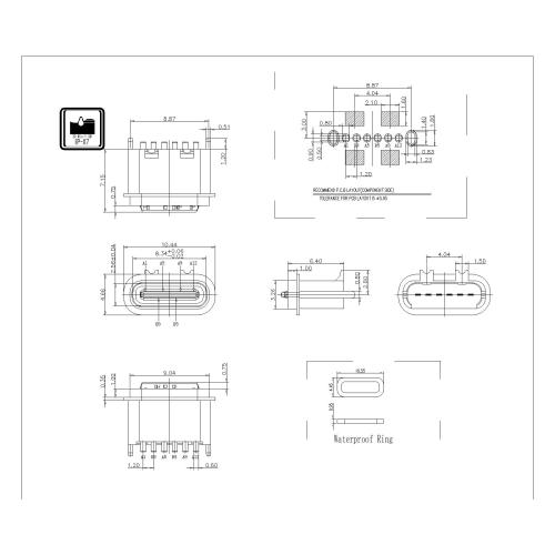 Type-C 6P Female Waterproof 180° DIP Type