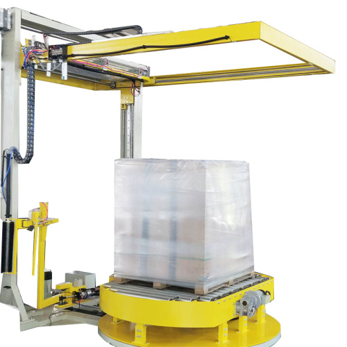 Machine d&#39;emballage de stretch à palette automatique en ligne avec distributeur supérieur et convoyeur