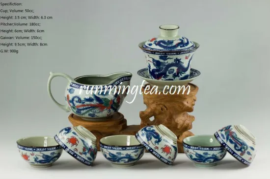 Traditional Dragon & Phenix Tea Set- 1 Gaiwan, 1 Pitcher and 6 Cups