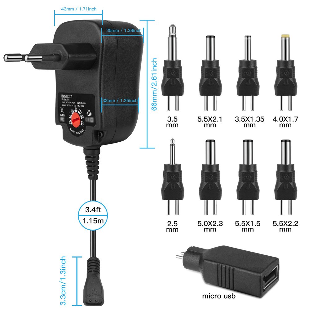 Adjustable Power Supply with DC USB Tips Multifunction Charger Portable Voltage Regulator Switch Power Adapter 3 - 12V 12W