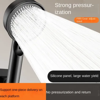 Black 5-Speed Adjustable Shower Head with Large Spray and Supercharged Function - Hand-Held Shower Head Set