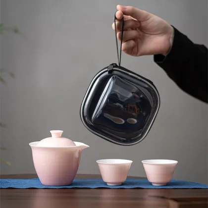 Portable Light Pink Porcelain Tea Set - Gift Bag Included: Tea Maker, Infuser, and Gongfu Set