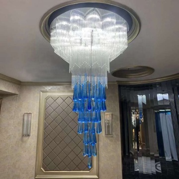 Custom Crystal Blue Art Glass LED Pendant Light for Modern Indoor Staircase and Lobby