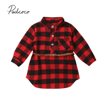 2019 Brand New Christmas Infant Kid Baby Girl Long Shirt Dress Tops Long Sleeve Red Plaid Straight Knee-Length Dress +Belt 0-5Y