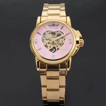 heart shaped skeleton design dial golden winner watch