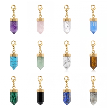 Gemstone Hexagonal Pendant Bag Tag Natural Stone Hexagon Charm Pendant Keychain Crystal Hexagon Pendant Gold Wrapped Bag Tags
