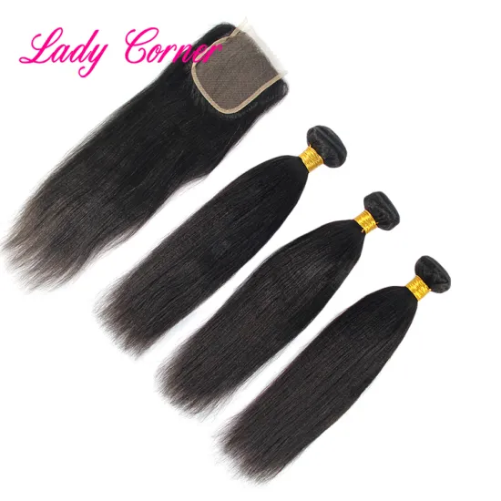 Heavy yaki Brazilian virgin hair bundles with lace closure