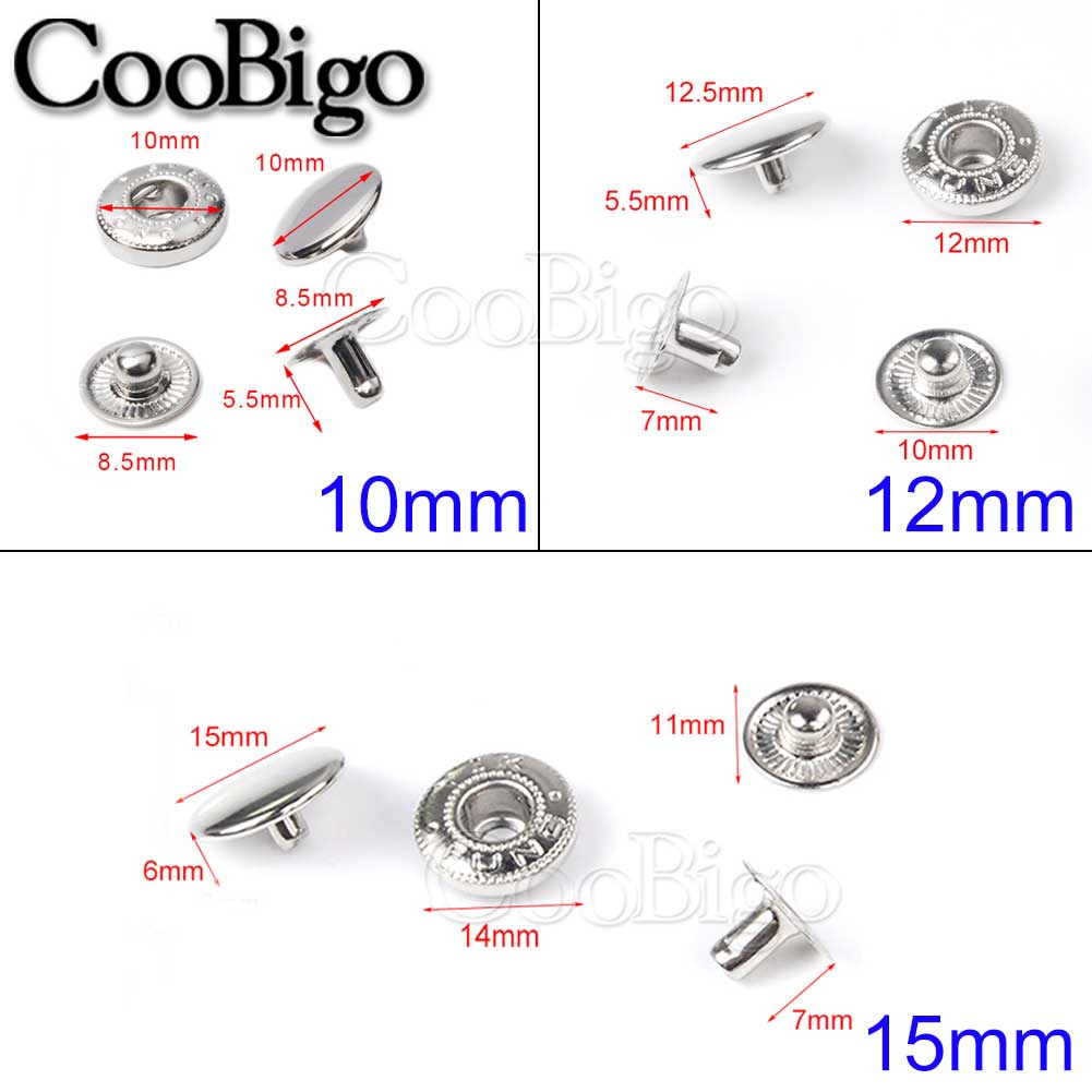12set Metal Press Studs Sewing Button Snap Fasteners Sewing Leather Craft Clothes Bags Garment 10mm 12mm 15mm