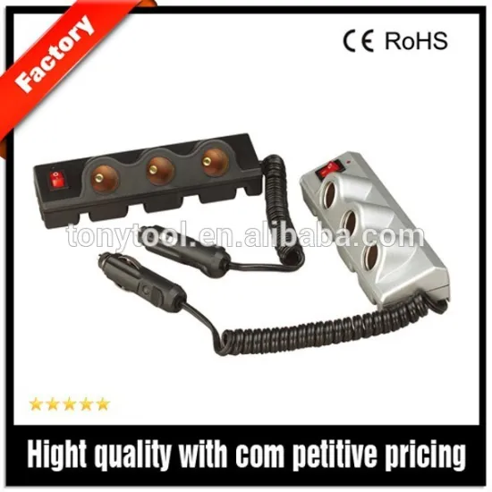 Car power outlet with extenxion coil cord, dc12v 3 gang socket outlet with switch