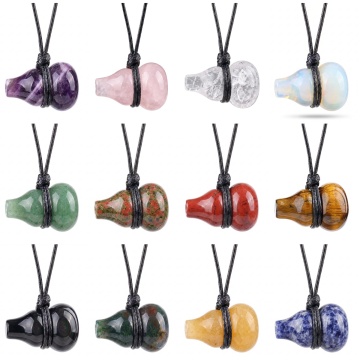 Gemstone Calabash Pendant Choker 30MM Mini Gourd Gemstone Pendant Necklace Adjustable Black Rope Natural Stone Crystal Necklace